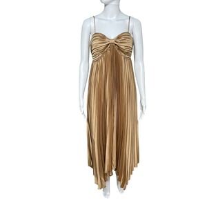 Petal & Pup Gold Pleated Handkerchief Hem Midi Wedding Party Dress Metallic Sz 6
